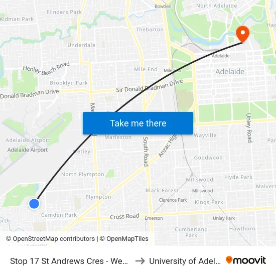 Stop 17 St Andrews Cres - West side to University of Adelaide map