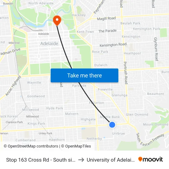 Stop 163 Cross Rd - South side to University of Adelaide map