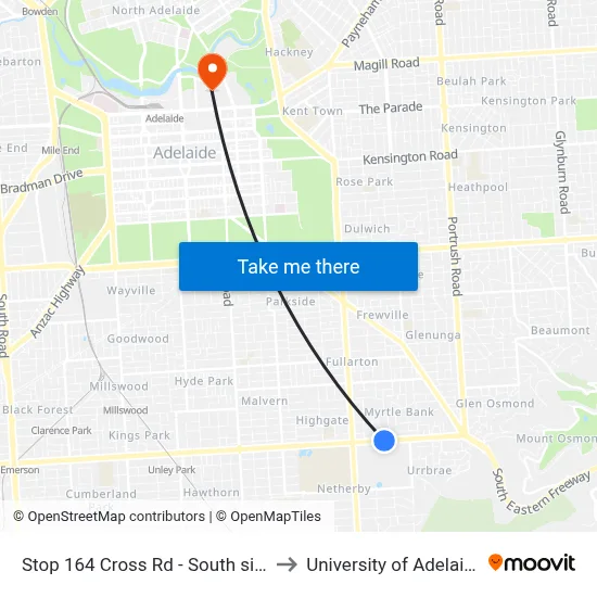 Stop 164 Cross Rd - South side to University of Adelaide map