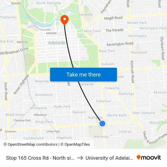 Stop 165 Cross Rd - North side to University of Adelaide map