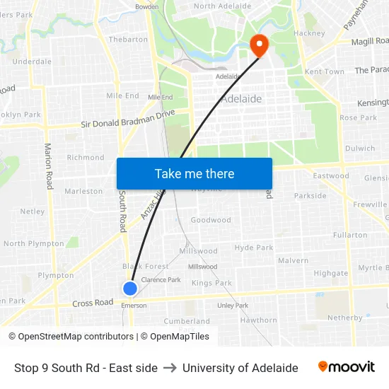 Stop 9 South Rd - East side to University of Adelaide map