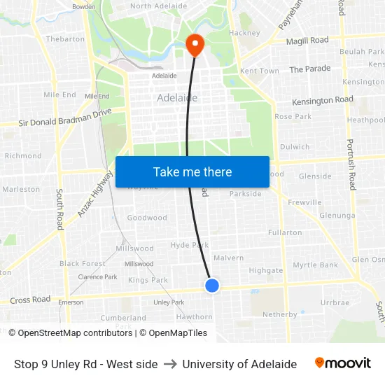 Stop 9 Unley Rd - West side to University of Adelaide map