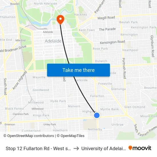 Stop 12 Fullarton Rd - West side to University of Adelaide map