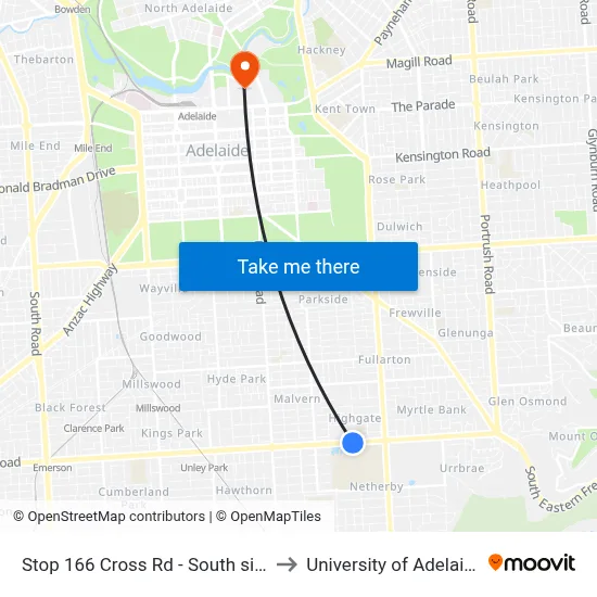 Stop 166 Cross Rd - South side to University of Adelaide map