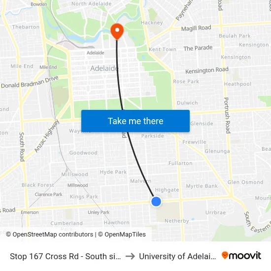 Stop 167 Cross Rd - South side to University of Adelaide map