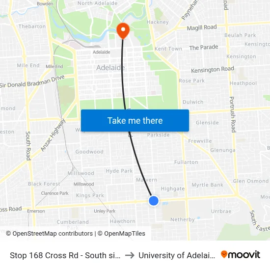 Stop 168 Cross Rd - South side to University of Adelaide map