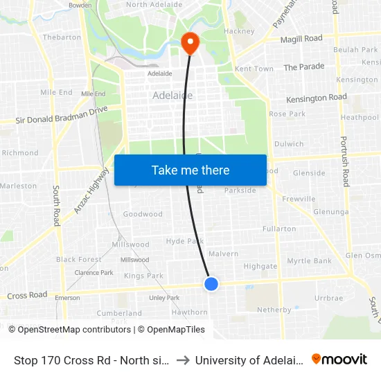 Stop 170 Cross Rd - North side to University of Adelaide map