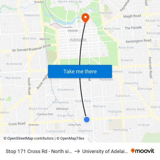 Stop 171 Cross Rd - North side to University of Adelaide map