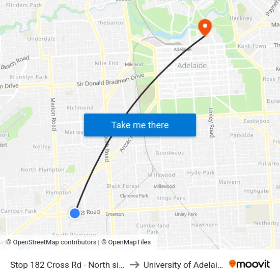 Stop 182 Cross Rd - North side to University of Adelaide map
