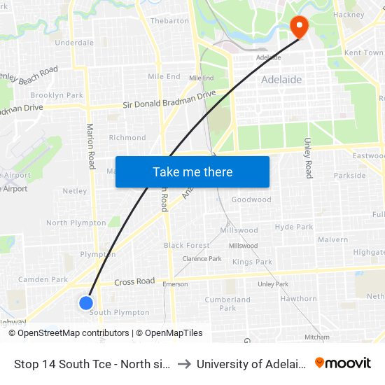 Stop 14 South Tce - North side to University of Adelaide map