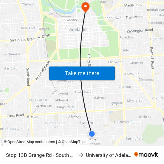 Stop 13B Grange Rd - South side to University of Adelaide map