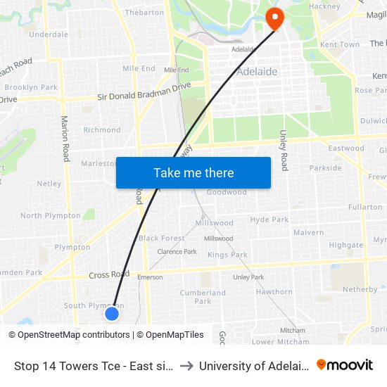 Stop 14 Towers Tce - East side to University of Adelaide map