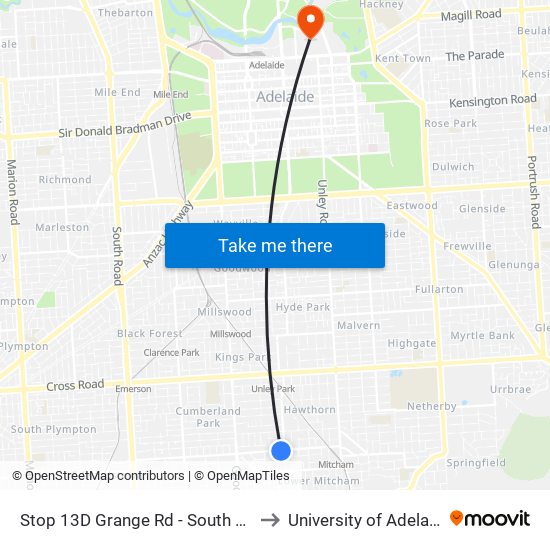 Stop 13D Grange Rd - South side to University of Adelaide map