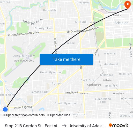 Stop 21B Gordon St - East side to University of Adelaide map