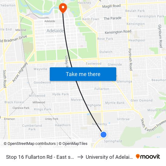 Stop 16 Fullarton Rd - East side to University of Adelaide map