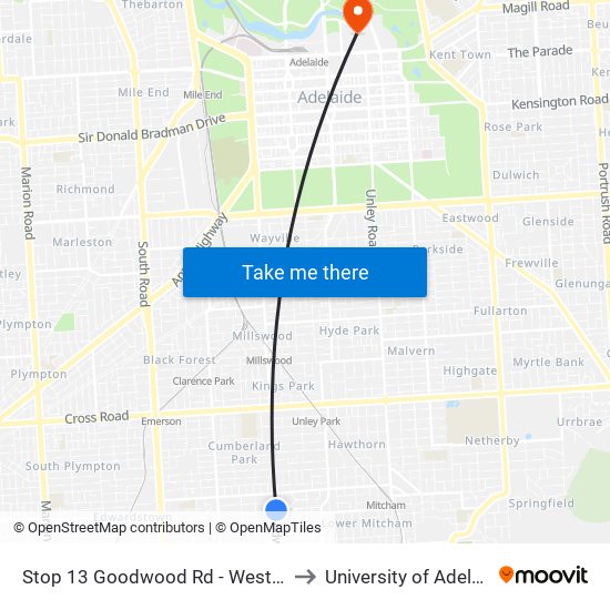 Stop 13 Goodwood Rd - West side to University of Adelaide map