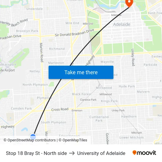Stop 18 Bray St - North side to University of Adelaide map