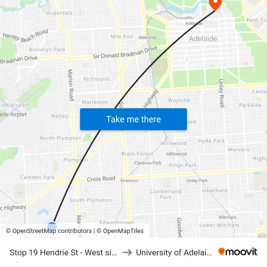 Stop 19 Hendrie St - West side to University of Adelaide map
