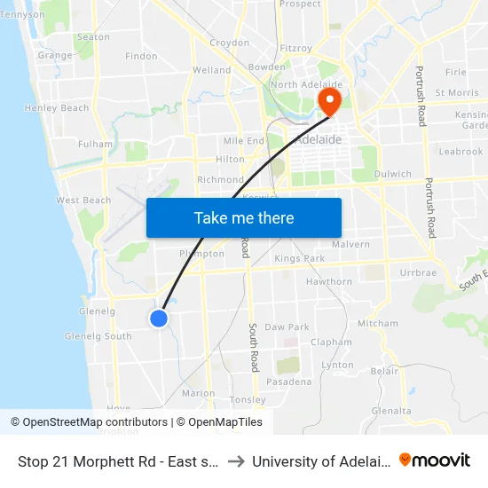 Stop 21 Morphett Rd - East side to University of Adelaide map
