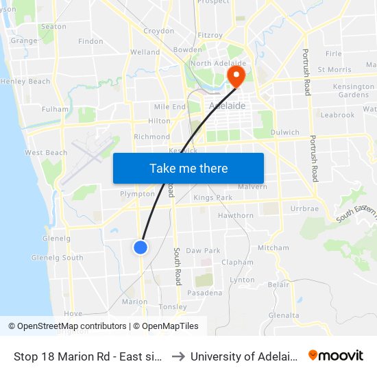 Stop 18 Marion Rd - East side to University of Adelaide map