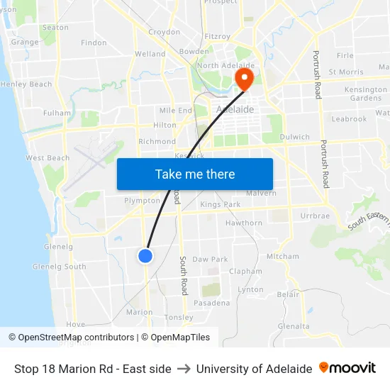 Stop 18 Marion Rd - East side to University of Adelaide map