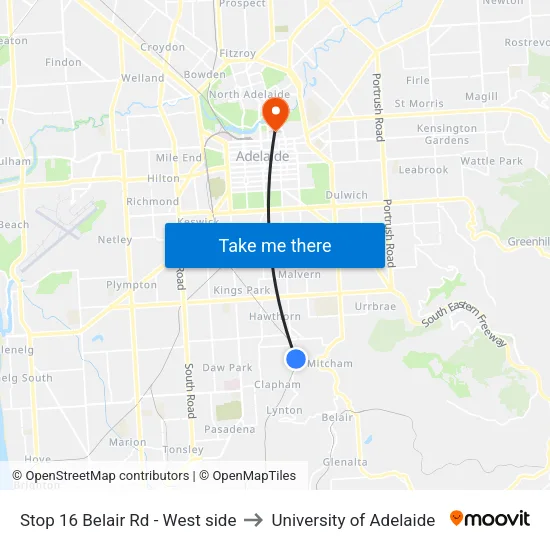 Stop 16 Belair Rd - West side to University of Adelaide map