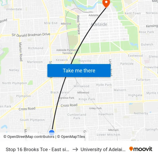 Stop 16 Brooks Tce - East side to University of Adelaide map
