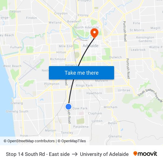 Stop 14 South Rd - East side to University of Adelaide map