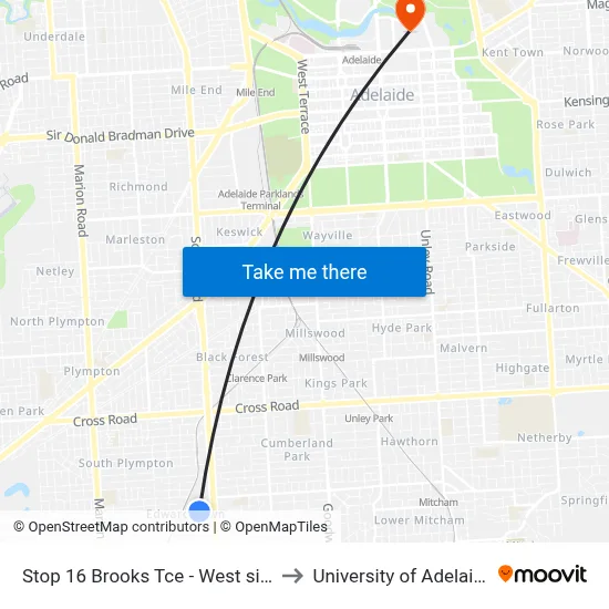 Stop 16 Brooks Tce - West side to University of Adelaide map