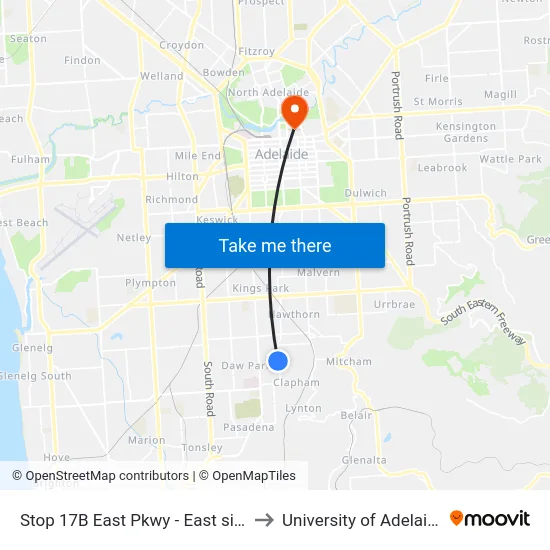 Stop 17B East Pkwy - East side to University of Adelaide map