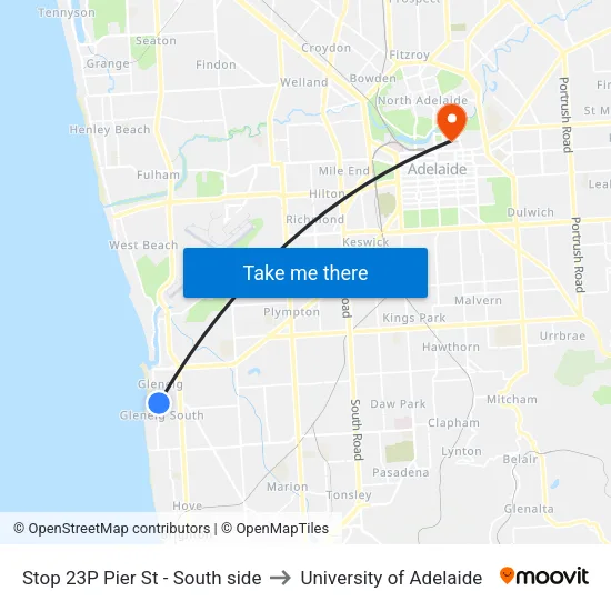 Stop 23P Pier St - South side to University of Adelaide map