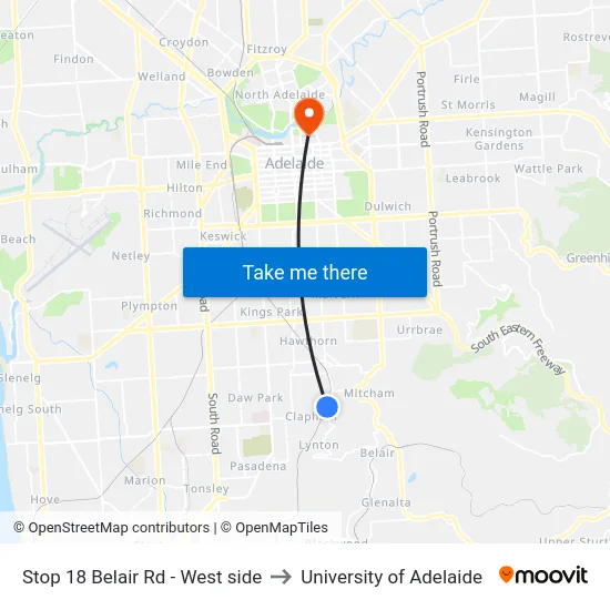 Stop 18 Belair Rd - West side to University of Adelaide map