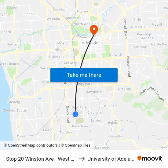 Stop 20 Winston Ave - West side to University of Adelaide map