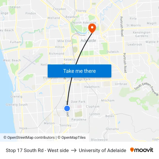 Stop 17 South Rd - West side to University of Adelaide map