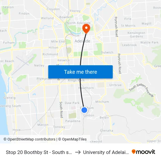 Stop 20 Boothby St - South side to University of Adelaide map