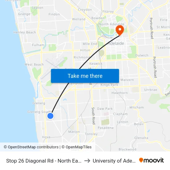 Stop 26 Diagonal Rd - North East side to University of Adelaide map