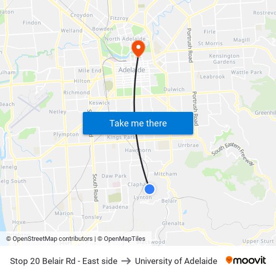 Stop 20 Belair Rd - East side to University of Adelaide map