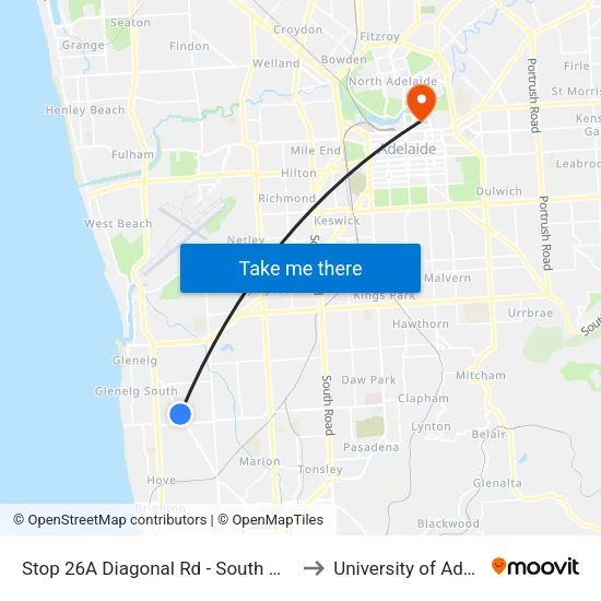 Stop 26A Diagonal Rd - South West side to University of Adelaide map