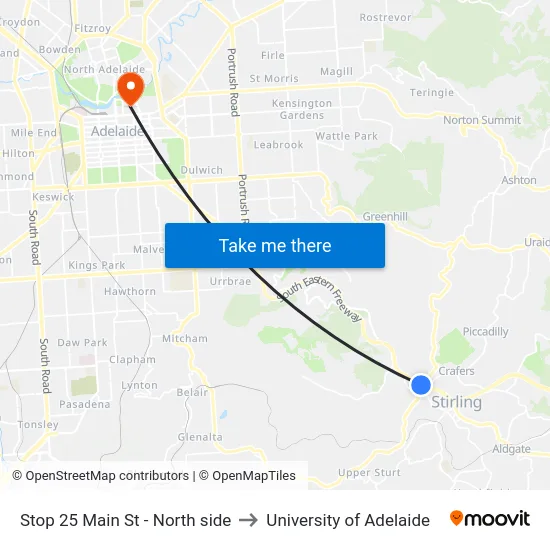 Stop 25 Main St - North side to University of Adelaide map