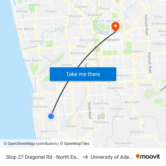 Stop 27 Diagonal Rd - North East side to University of Adelaide map