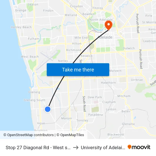 Stop 27 Diagonal Rd - West side to University of Adelaide map