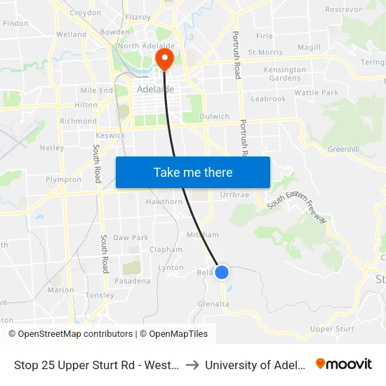 Stop 25 Upper Sturt Rd - West side to University of Adelaide map
