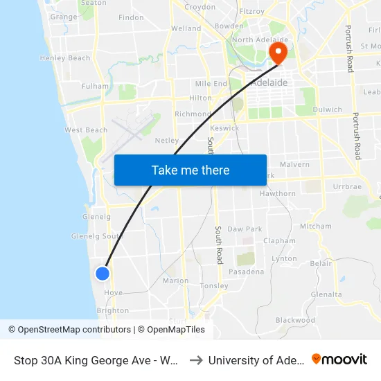 Stop 30A King George Ave - West side to University of Adelaide map