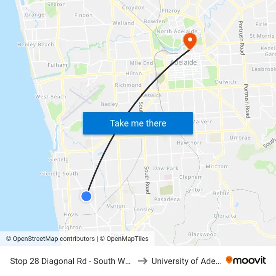Stop 28 Diagonal Rd - South West side to University of Adelaide map