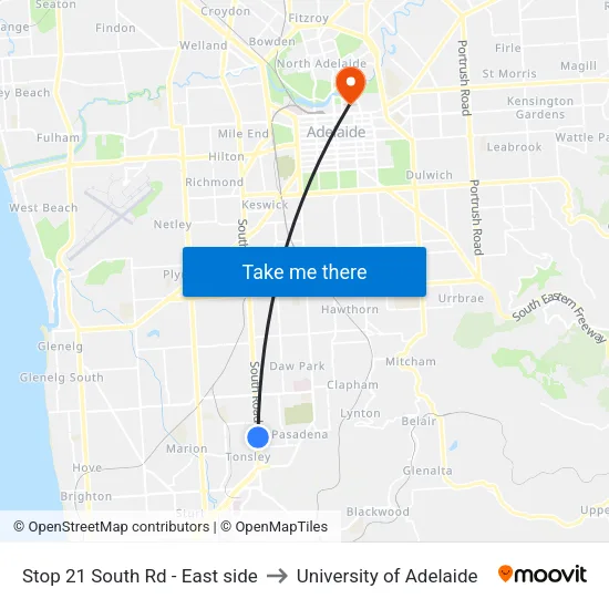 Stop 21 South Rd - East side to University of Adelaide map