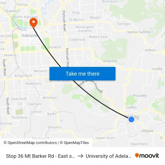 Stop 36 Mt Barker Rd - East side to University of Adelaide map