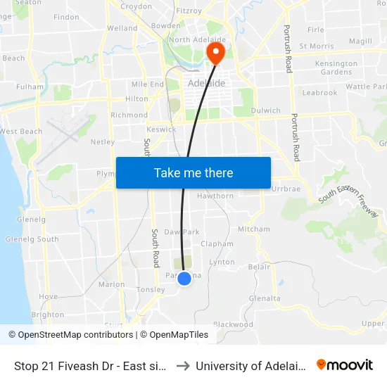 Stop 21 Fiveash Dr - East side to University of Adelaide map