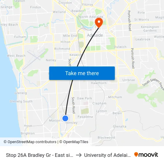 Stop 26A Bradley Gr - East side to University of Adelaide map
