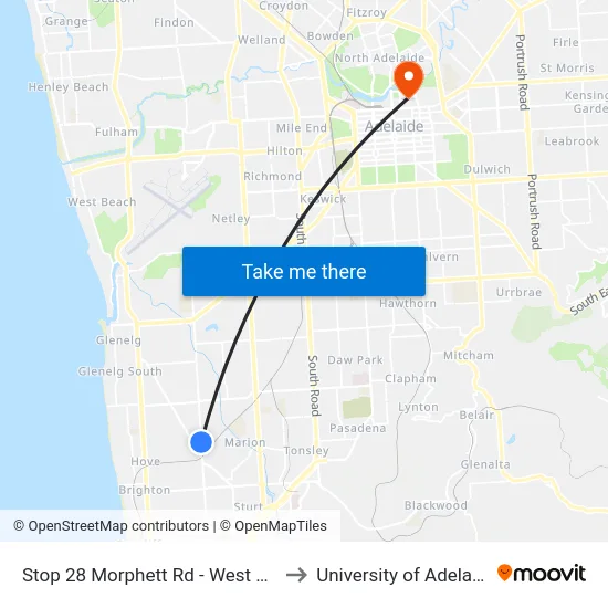 Stop 28 Morphett Rd - West side to University of Adelaide map