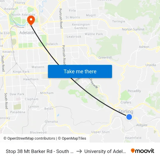 Stop 38 Mt Barker Rd - South side to University of Adelaide map